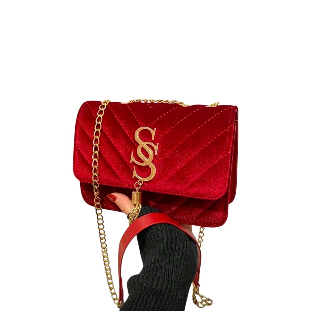 Red Velvet Chevron Quilted‎ Crossbody Bag Gold Chain SS Logo Tassel